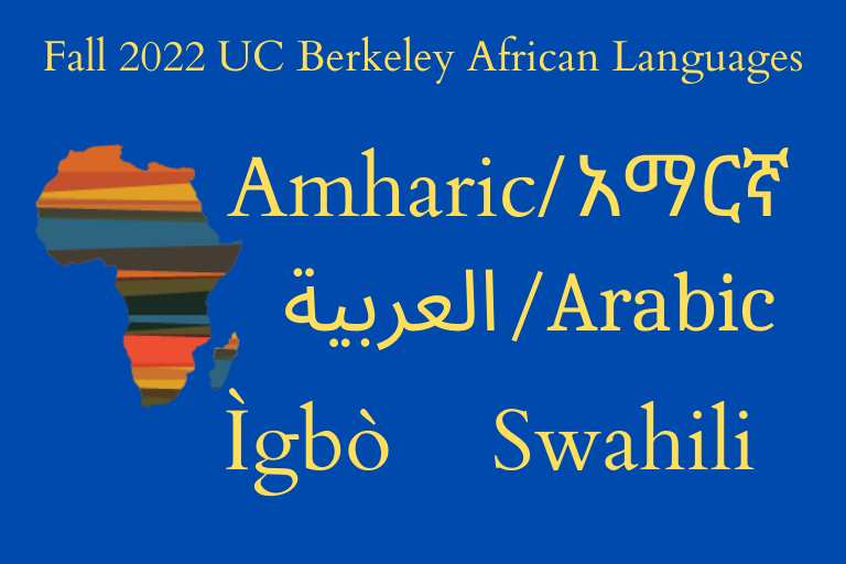 Multicolored African map; African languages taught in Fall 2022: Amharic, Arabic, Igbo and Swahili