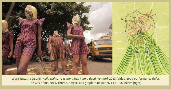 Still of videotaped performance by Wura-Natasha Ogunji (left) and The City of Ife artwork (right)