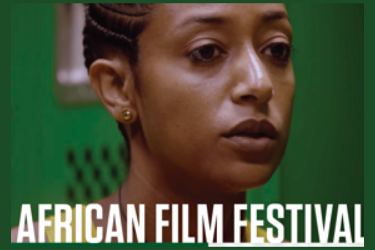 Woman's face with "African Film Festival" title overlayed