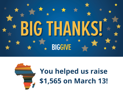 Big Thanks on blue background with stars with colorful map of Africa and text "You helped us raise $1565 on March 13" underneath