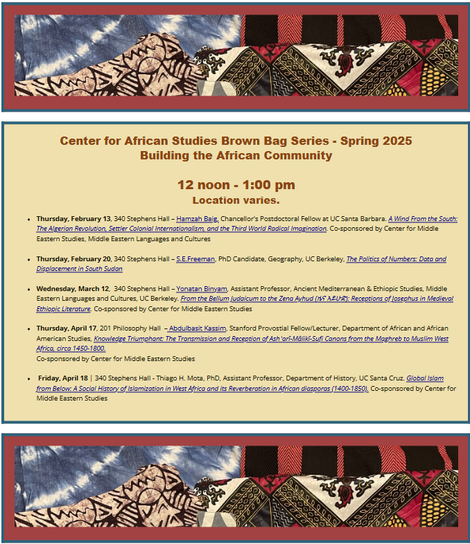 List of events in Spring 2025 African Studies Brown Bag series