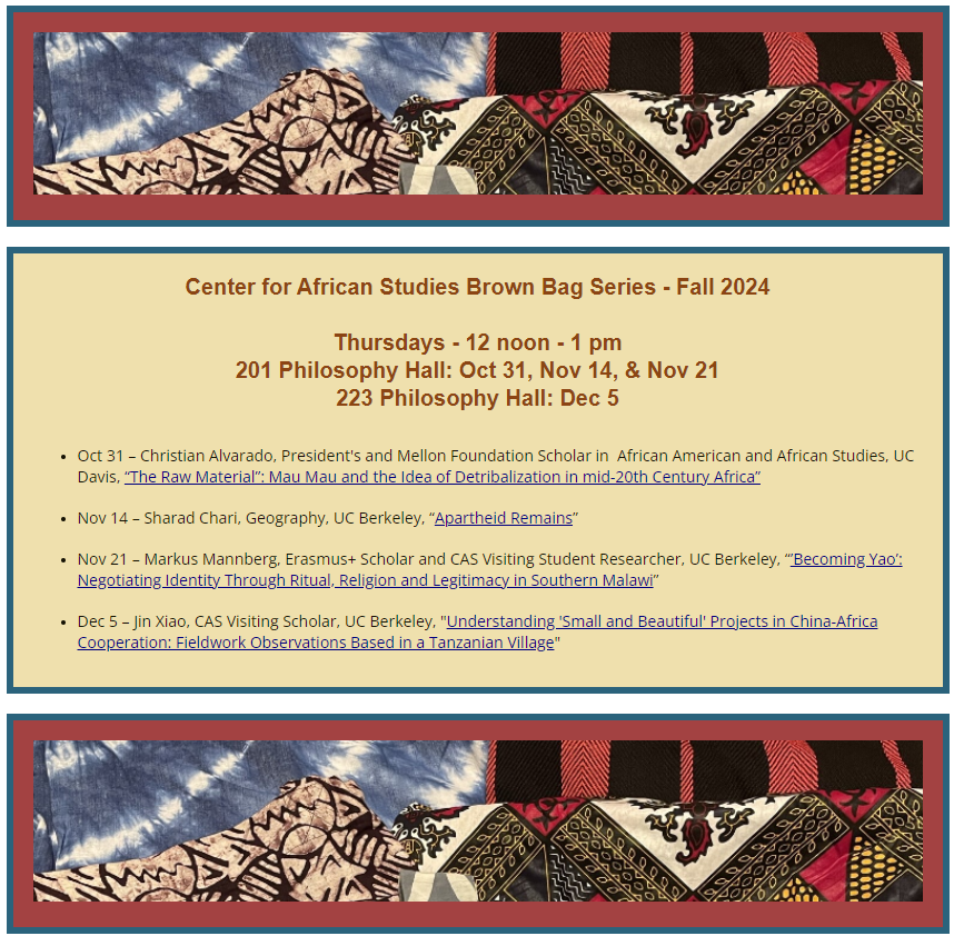 Top and bottom African fabric banner with 4 Fall 2024 Brown Bag events listed in between