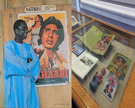 A man standing by a film poster, and exhibition items related to cinema in India and Senegal displayed under glass.