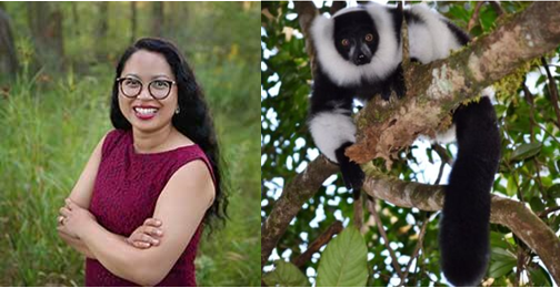 Photo of Professor Onja Razafindratsima beside a photo of a lemur in Madagascar's Ranomafana National Park