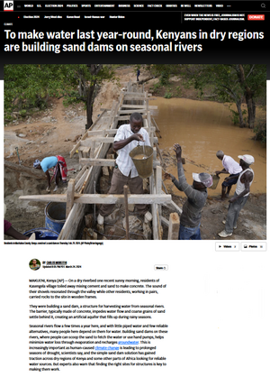 Image of an article by Mureithi about using sand dams to protect the water supply in dry regions..