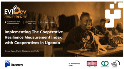 Image of title slide from a presentation about Busara's work on business cooperatives in Uganda, in partnership with The Uhuru Institute for Social Development